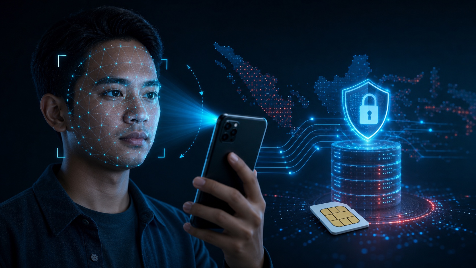 Ilustrasi verifikasi wajah dan liveness detection untuk registrasi kartu SIM