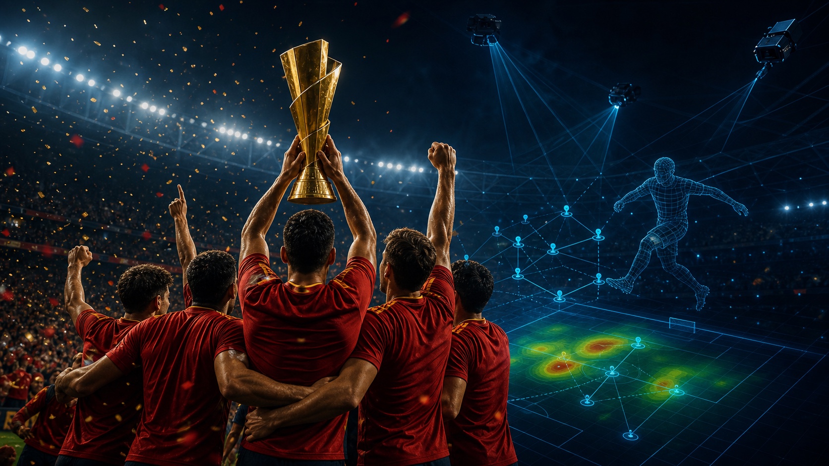 Ilustrasi perayaan juara Spanyol dengan teknologi analisis data sepak bola